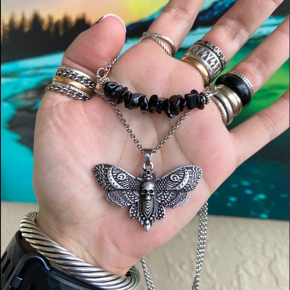 Double layer moth skull moon charm & gems of your choice goth boho - Picture 3 of 16